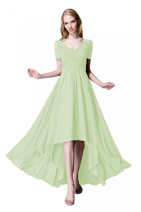 Criss Pleated V-neck High-low Chiffon Bridesmaid Dress with Illusion Sleeves