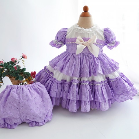 Purple Short Sleeve Bow Decor Layered Princess Costume Dresses