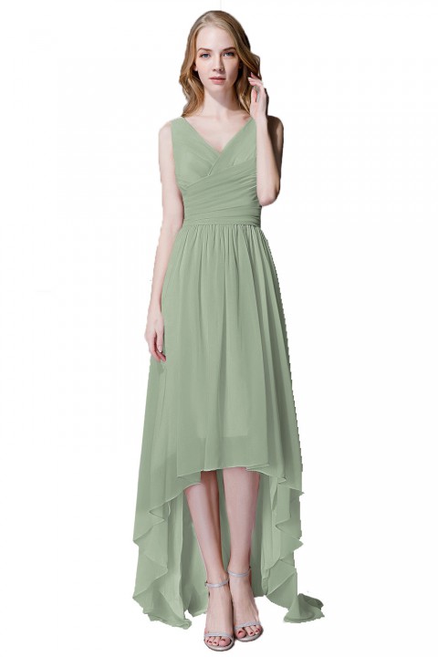 Romantic High-Low V-Neck Chiffon Ruched Bridesmaid Dress