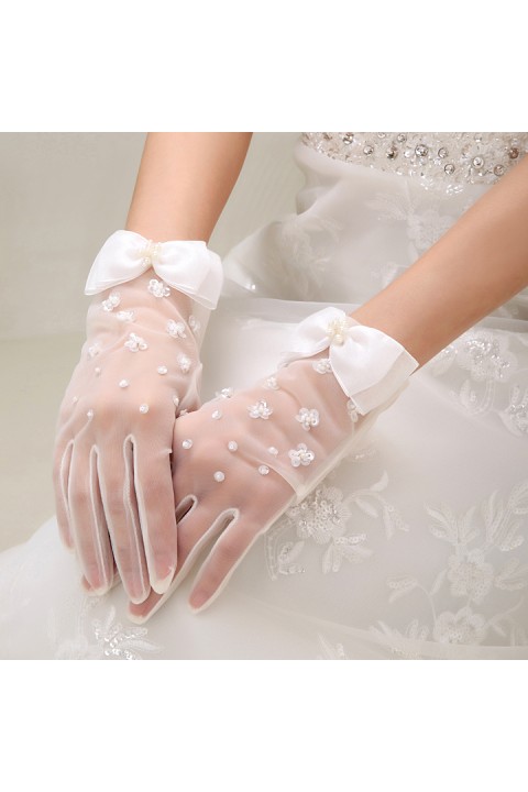 White Pearl Bow Decor Thin Tulle Bridal Gloves