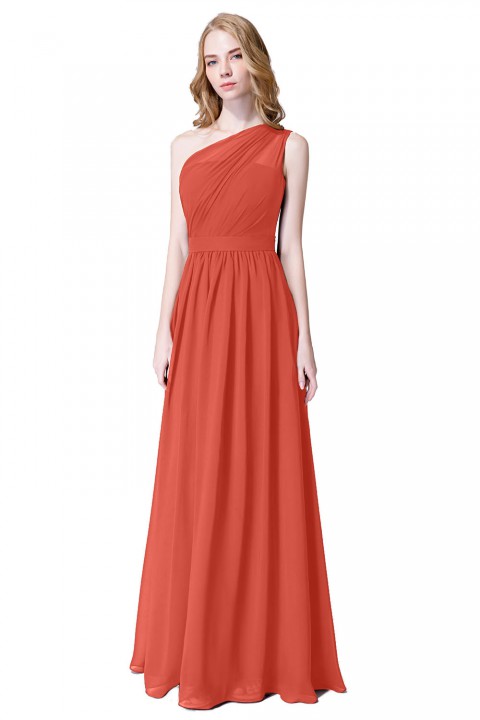 Illusion One-Shoulder Chiffon Pleated Bridesmaid Dress Long