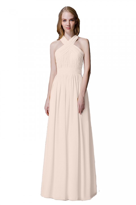 Criss-cross Halter Pleated Chiffon Bridesmaid Dress with Cross-straps Back