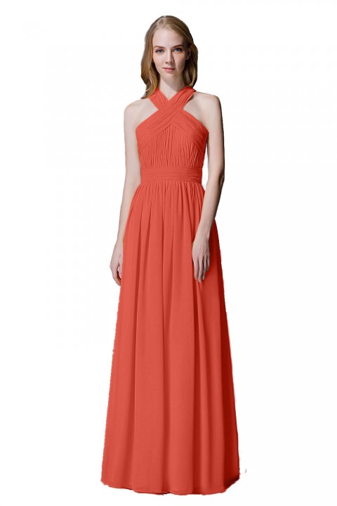 Criss-cross Halter Pleated Chiffon Bridesmaid Dress with Cross-straps Back