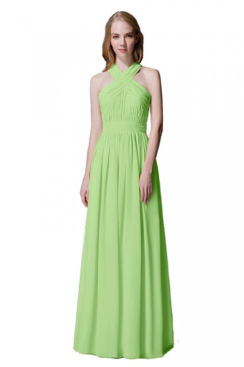 Criss-cross Halter Pleated Chiffon Bridesmaid Dress with Cross-straps Back