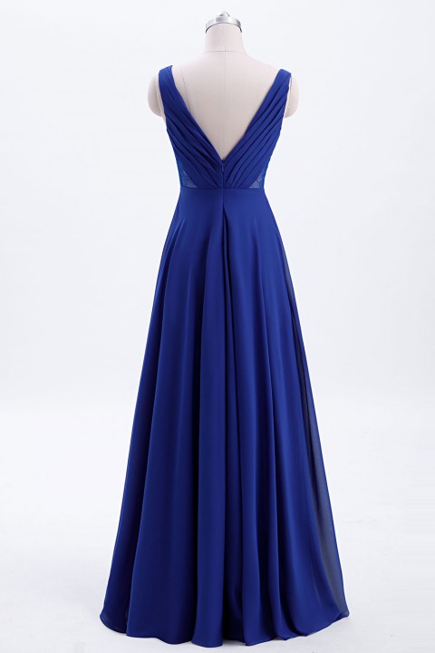 Elegant V-Back Chiffon Tank Bridesmaid Dress with Mesh Lace Inset