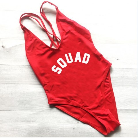 Squad Printed Strappy Back Bachelorette Party One Piece Swimsuit