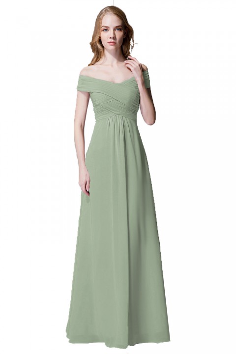 Crisscross Off-the-Shoulder Pleated V-back Bridesmaid Dress Long