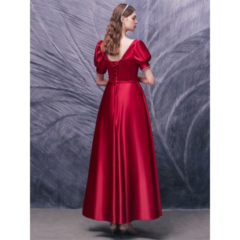 Red Sweetheart Square Neck Puff Sleeves Pearl Decored Satin Party Dress