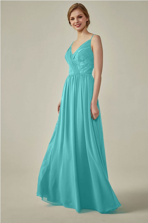 Double Spaghetti Straps Draped Lace Open-back Chiffon Bridesmaid Dress