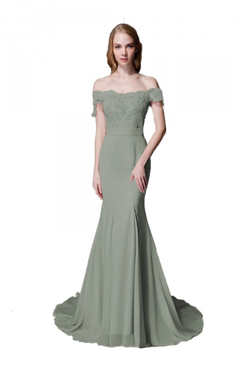 Elegant Mermaid Off Shoulder Chiffon Lace Straight Bridesmaid Dress with Train