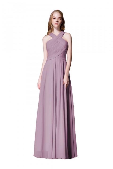 Chic Criss-cross Halter Pleated Chiffon Bridesmaid Dress Long