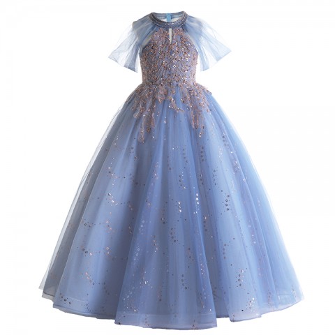 Blue Fantasy Halter Neck Short Tulle Sleeves Sequin & Bead Decor Shiny Flower Tulle Skirt Girls Pageant Dress