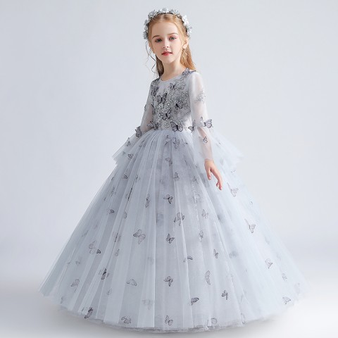 Luxury Series Grey Round Neck Long Puff Sleeve Butterflies Decor Tulle Skirt Girls Pageant Dresses