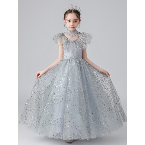 Light Grey Sleeveless Princess Tulle Skirt Flower Girl Dresses With Sequins