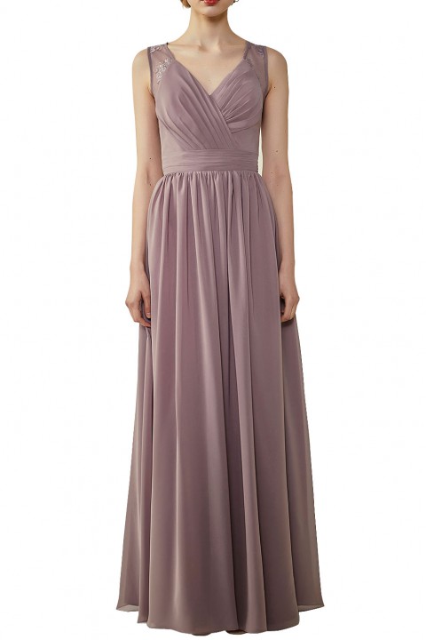 Lace Illusion Back Closure with Button Ruched V-Neck Bridesmaid Dress 