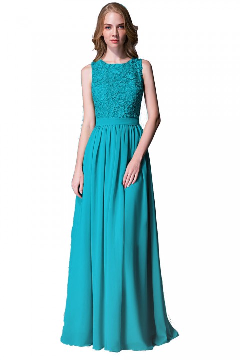 Lace Upper Bodice Illusion Scoop Neck Chiffon Bridesmaid Dress Sleeveless