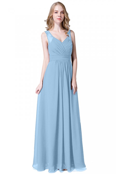 V Neck Illusion Lace Straps Keyhole Back Chiffon Ruched Bridesmaid Dress