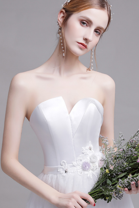 2021 New Fashion White V Neck Off-the-shoulder Sleeves Bright Satin Wedding Dress