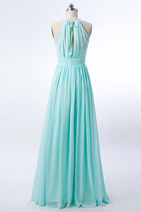 Spaghetti Straps Illusion Halter Bridesmaid Dress with Sash