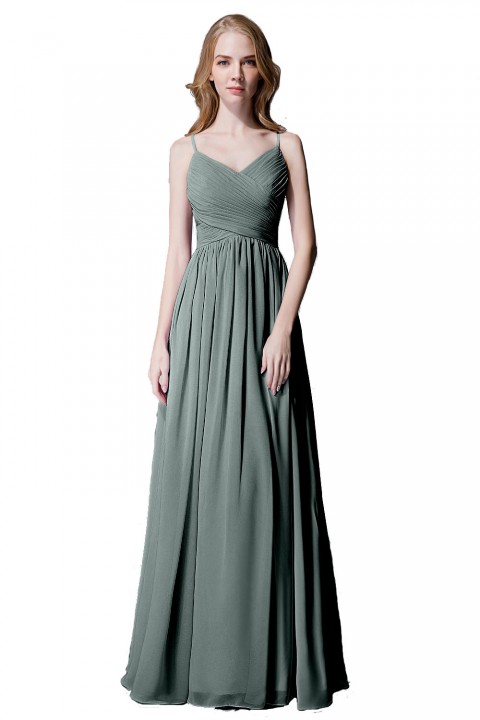 Spaghetti Straps Pleated Chiffon Bridesmaid Dress with Lace Open Back