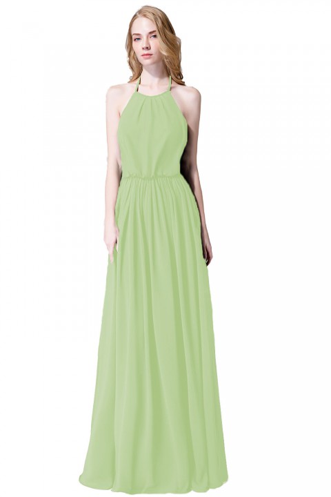 Halter Spaghetti Strap Open Back Chiffon Bridesmaid Dress with Sash