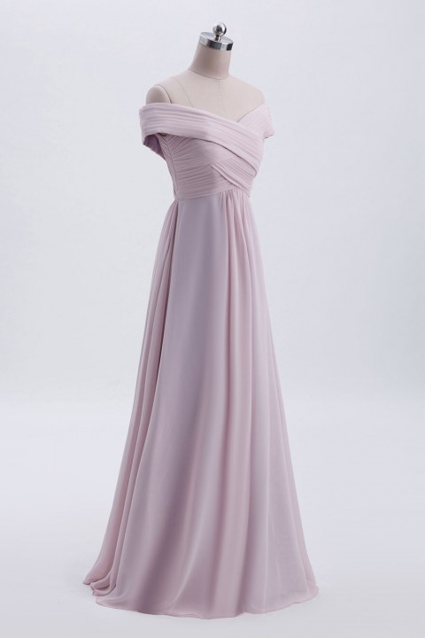 Crisscross Off-the-Shoulder Pleated V-back Bridesmaid Dress Long