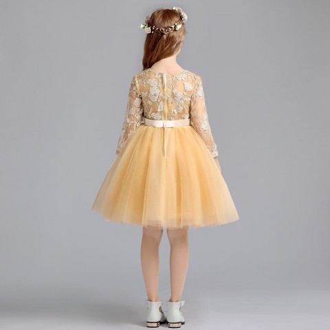 Golden Long Sleeves Embroidered Lace Tulle Short Skirt Girls Pageant Dresses