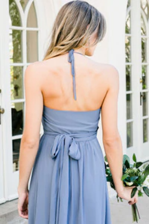 Halter Wrap Open Back Chiffon Long Bridesmaid Dress with Tied Waist