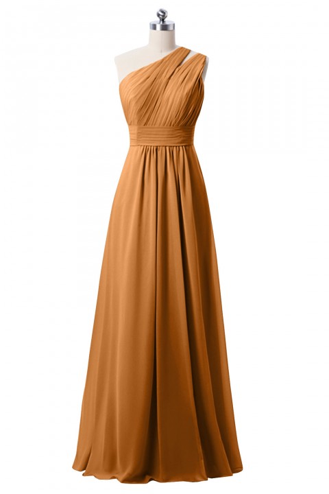 One Shoulder with Double-Straps Detail Pleated Bodice Floor Length Chiffon Bridesmaid Dress