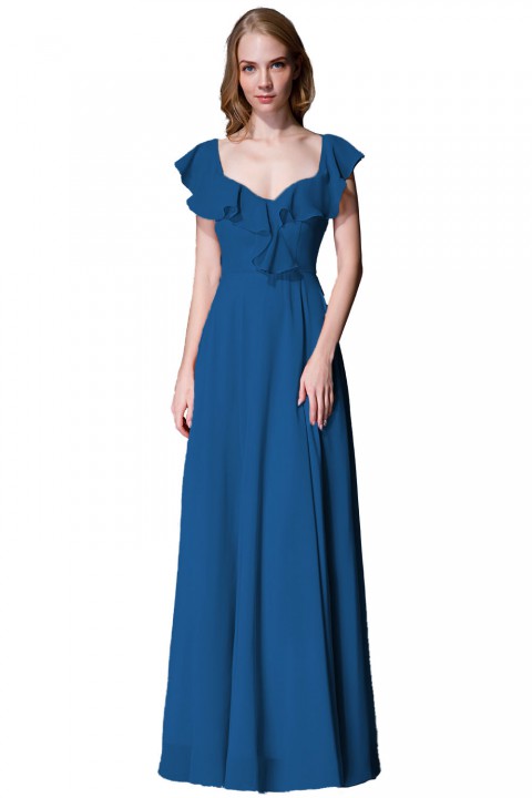 V Neck Cascading Ruffles Sleeve Bow Back Bridesmaid Dress 