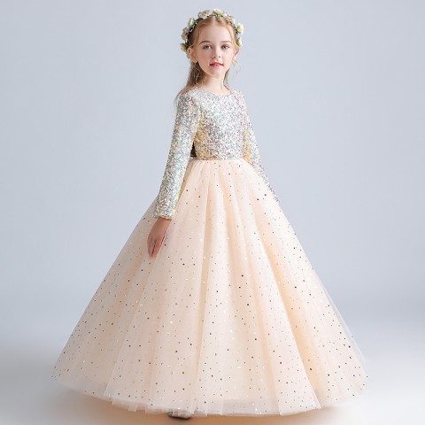 Champagne Round Neck Long Sleeve Sequined Decor Tulle Skirt Girls Pageant Dresses