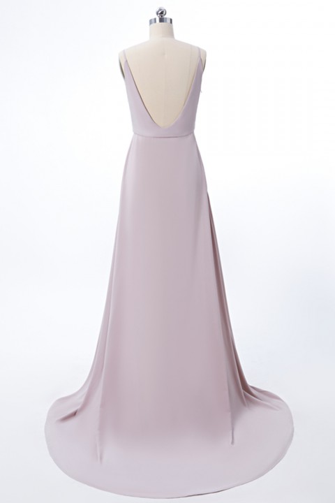 Low V Neck & Back Spaghetti Straps Bridesmaid Dress with Train