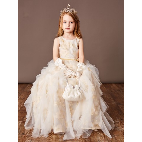Champagne Sequins Sleeveless Princess Lace Skirt Girls Pageant Dresses