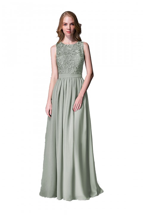 Lace Upper Bodice Illusion Scoop Neck Chiffon Bridesmaid Dress Sleeveless