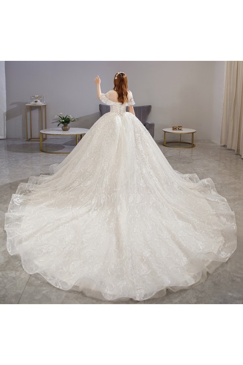 Plus Size 2021 New Round Neck Cap Sleeves Sequin Decor Tulle Wedding Dress With Long Train