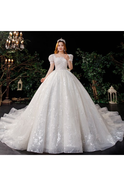 Plus Size 2021 New Square Neckline Sequins Decor With Big Bowknot Tulle Wedding Dress With Long Train