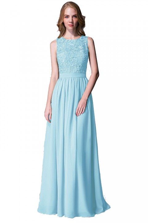 Lace Upper Bodice Illusion Scoop Neck Chiffon Bridesmaid Dress Sleeveless