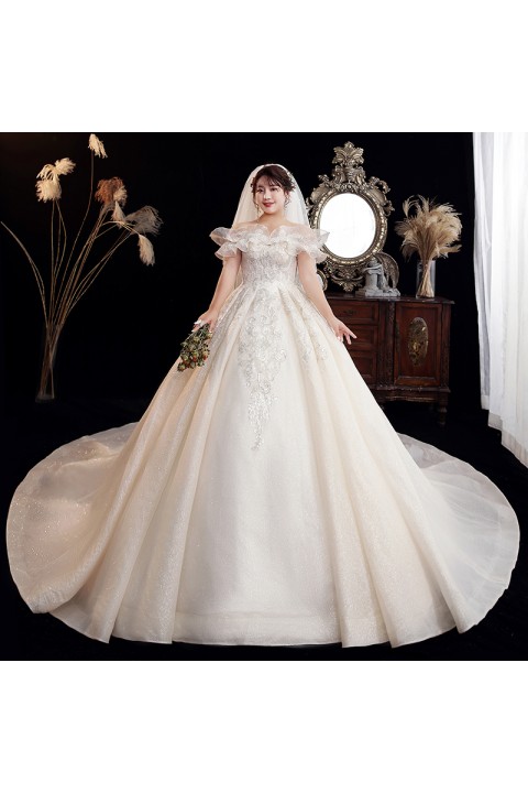 Plus Size 2021 Off Shoulder Flounce Decor Neckline Sequin & Beaded Glitter Tulle Wedding Dress With Long Train