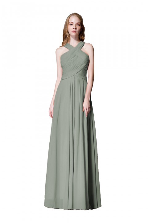 Chic Criss-cross Halter Pleated Chiffon Bridesmaid Dress Long