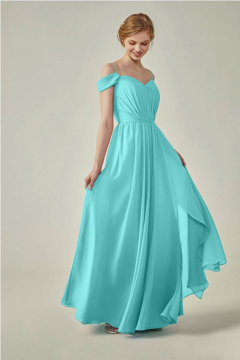 A-Line Cold Shoulder Spaghetti Straps Chiffon Bridesmaid Dress with Side Slit