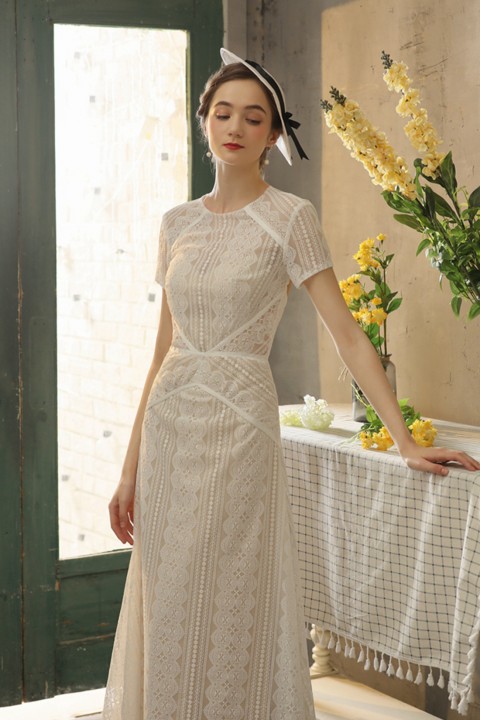Round Neck Short Sleeve Open Back Lace Casual Wedding Dress with Train