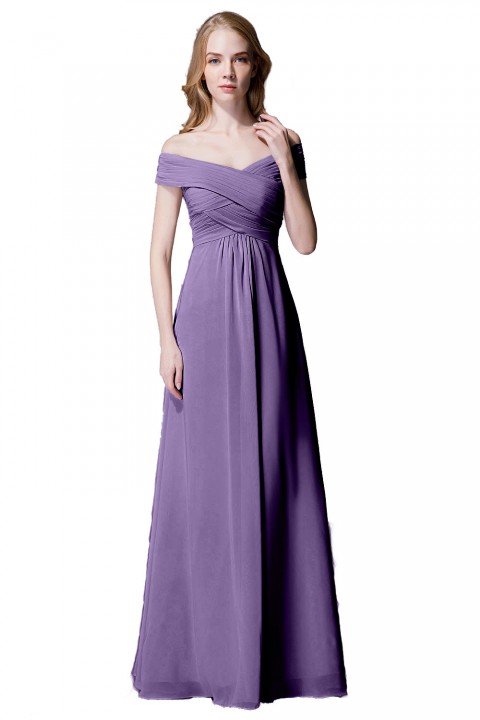 Crisscross Off-the-Shoulder Pleated V-back Bridesmaid Dress Long