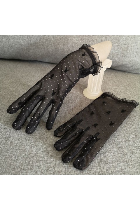 Black Vintage Sequins Decor Lace Wedding Bridal Gloves