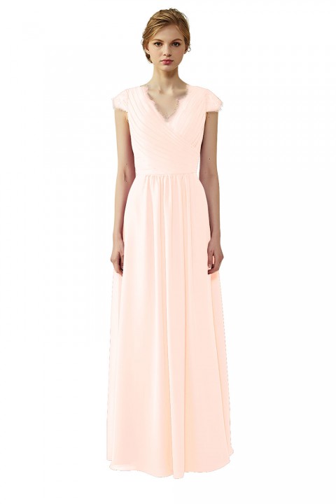 Lace Cap Sleeves  V-Neck Lace Back Closure with Keyhole Bridesmaid Dress