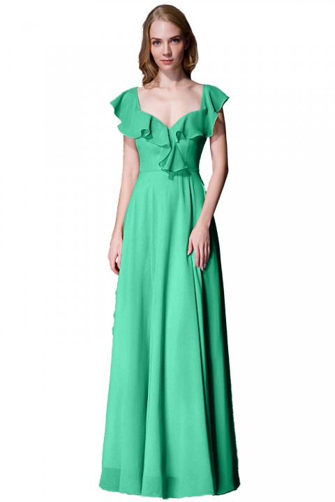 V Neck Cascading Ruffles Sleeve Bow Back Bridesmaid Dress 