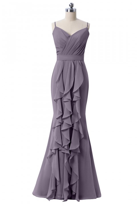 Spaghetti Strap V Neck Ruched Bodice Chiffon Mermaid Bridesmaid Dress with Ruffles Decorated Skirt