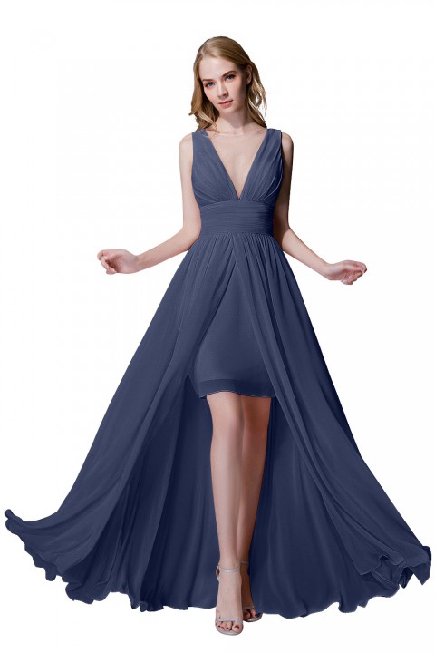 Plunging Illusion Tulle Scoop Neck High Slit Chiffon Bridesmaid Dress