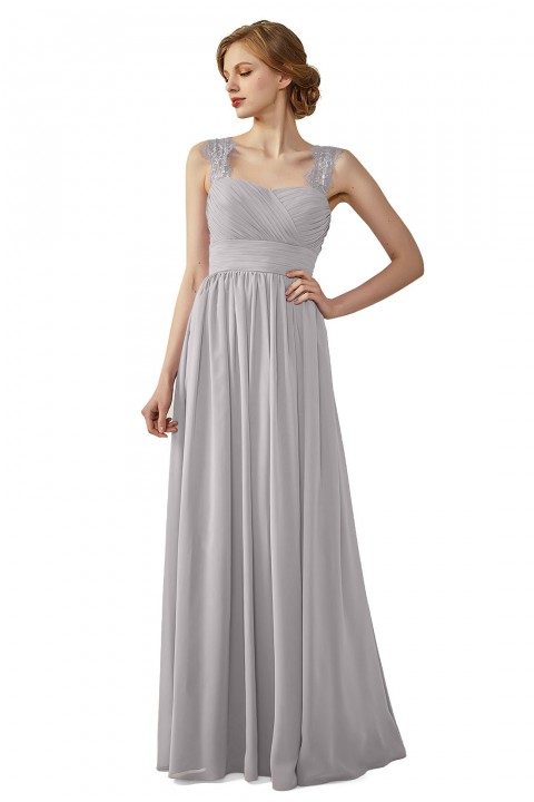 Pleated Long Chiffon Open Back Lace Strap Bridesmaid Dress