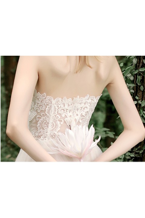Strapless Lace Bodice Tulle Skirt A Line Wedding Dress
