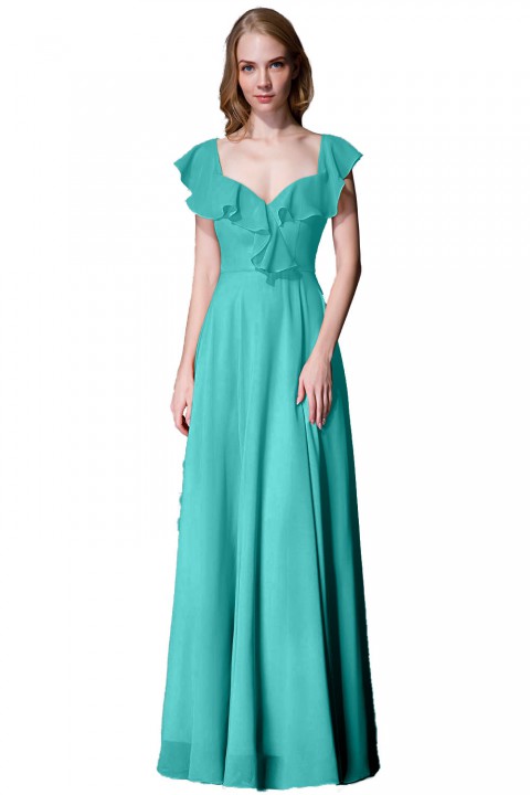 V Neck Cascading Ruffles Sleeve Bow Back Bridesmaid Dress 